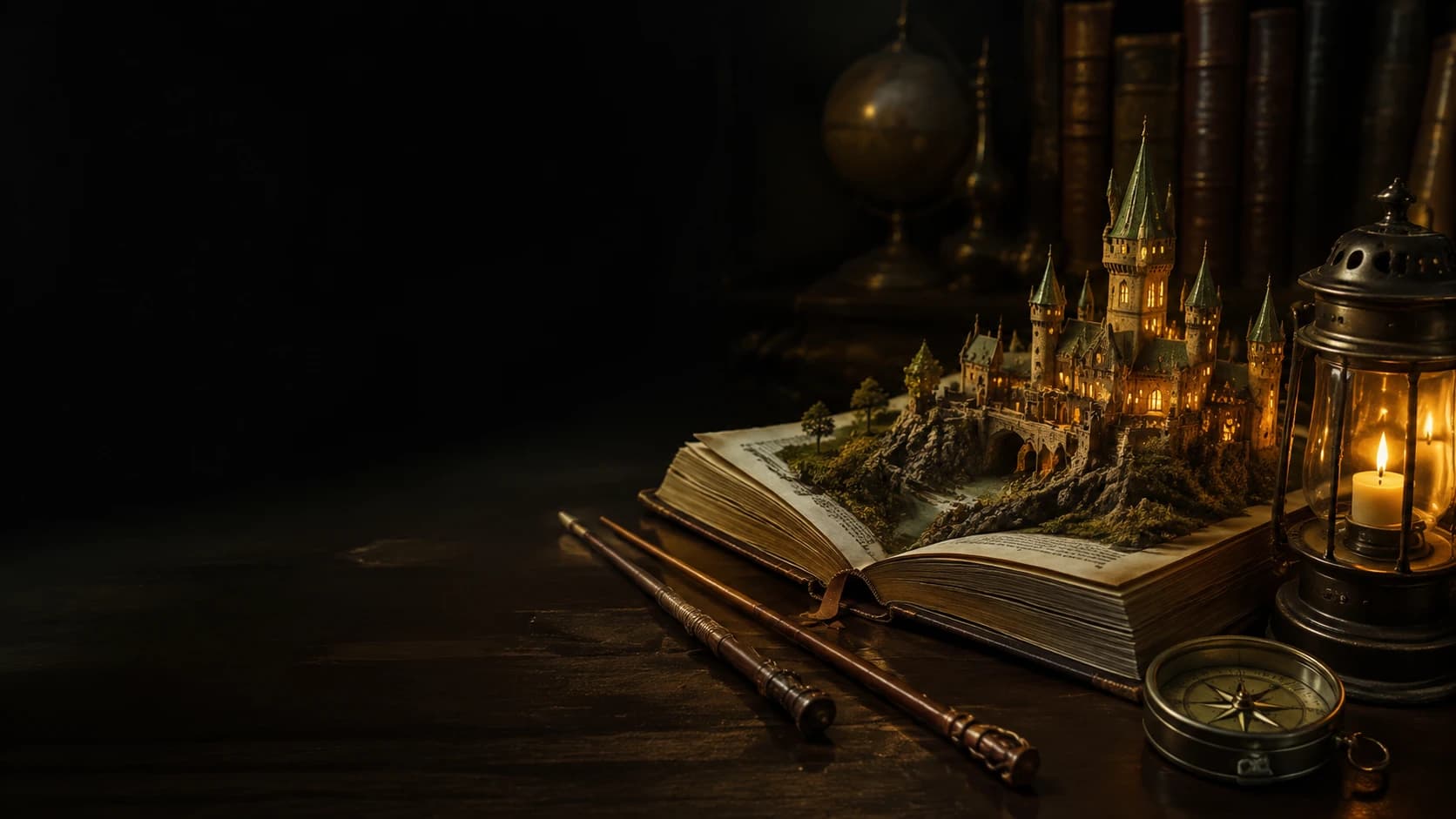 Книга с замком над страницами, палочка, компас и фонарь — музей Гарри Поттера «Хогвартс Холл» в Новосибирске
