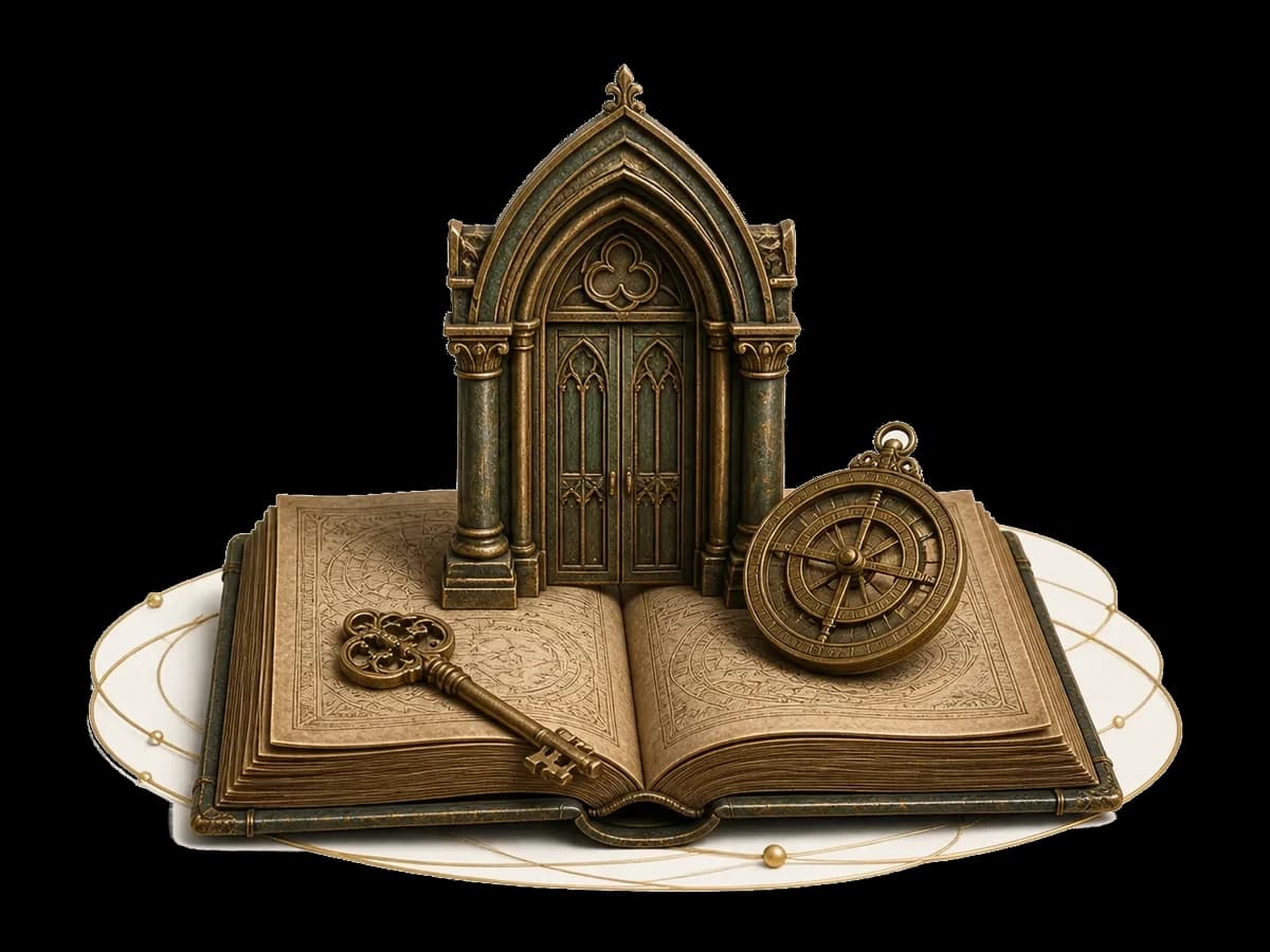 Бронзовая музейная арка, старинная книга, ключ и астролябия