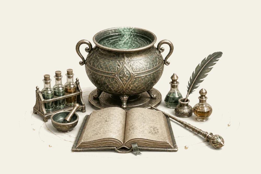 Алхимический стол с котлом, книгой, пером и волшебными флаконами — «Хогвартс Холл» Алхимический стол с котлом, книгой, пером и волшебными флаконами — «Хогвартс Холл»